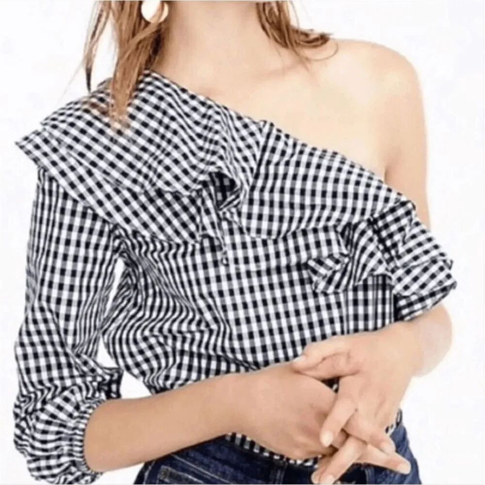 J.Crew Preppy Coastal Gingham One Shoulder Top Size 4